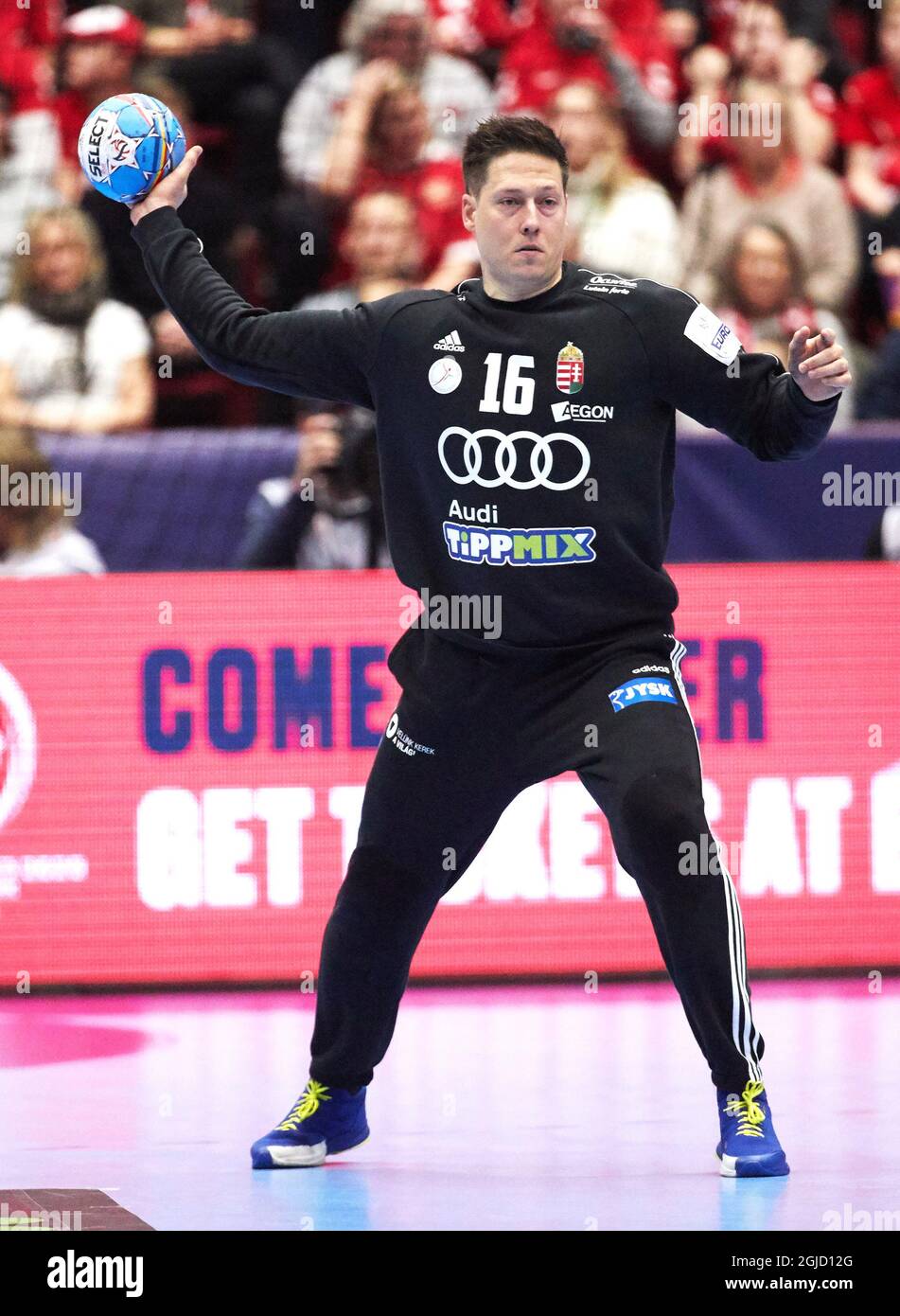 MALMO 20200111 Hungary's goal keeper Roland Mikler in action during the  Men's EHF EURO 2020 Handball group E match preliminary round between  Hungary and Russia in Malmo Arena Saturday Jan. 11, 2020.