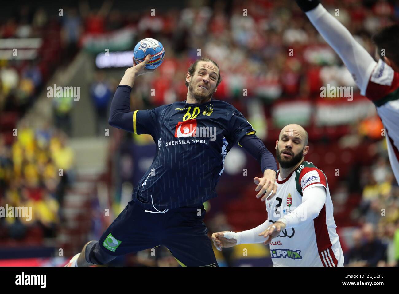 MALMO 20200121 Sweden's Kim Ekdahl du Rietz in action Adrian Sipos (R) during the Men's European Handball Championship main round Group 2 match between Hungary and Sweden at Malmo Arena, Tuesday Jan. 21, 2020. Photo Andreas Hillergren / TT kod 10600 Stock Photo