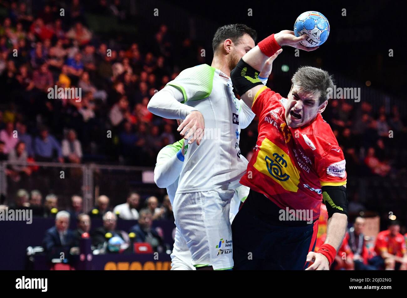 Spain's Julen Aguinagalde (right) during the semi final match Spain and Slovenia during the Men's European Handball Championship in Stockholm, Sweden, on Jan. 24, 2020. Photo: Erik Simander / TT code 11720 Stock Photo