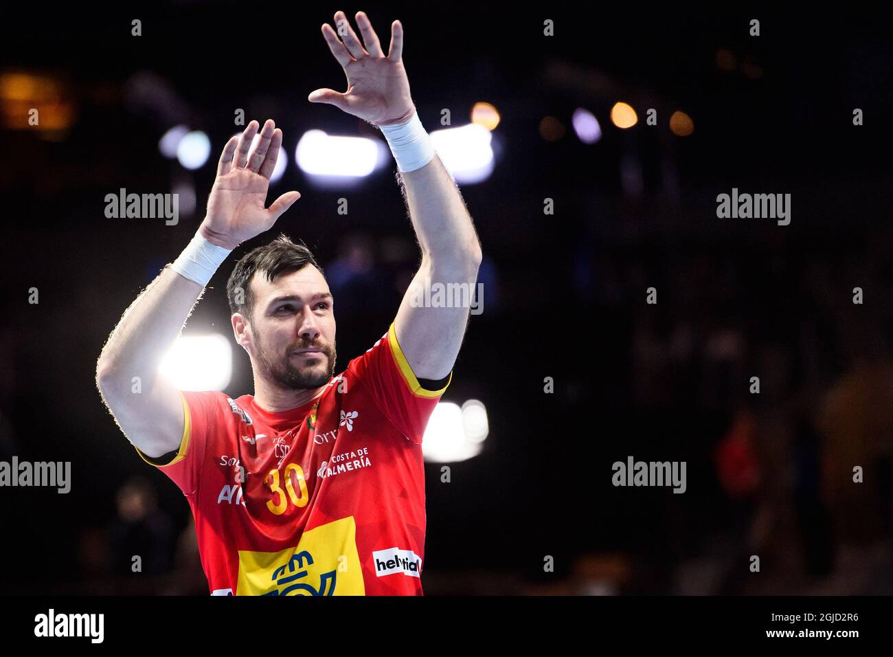 Spain's Gedeon Guardiola celebrates after wnning the semi final match Spain and Slovenia during the Men's European Handball Championship in Stockholm, Sweden, on Jan. 24, 2020. Photo: Erik Simander / TT code 11720  Stock Photo
