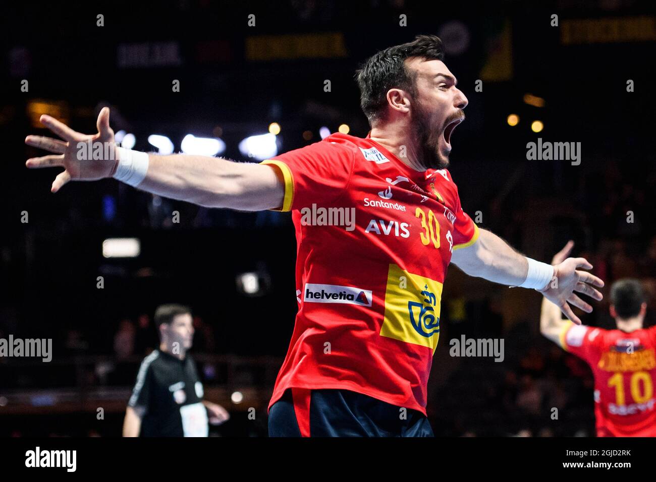 Spain's Gedeon Guardiola celebrates after wnning the semi final match Spain and Slovenia during the Men's European Handball Championship in Stockholm, Sweden, on Jan. 24, 2020. Photo: Erik Simander / TT code 11720  Stock Photo