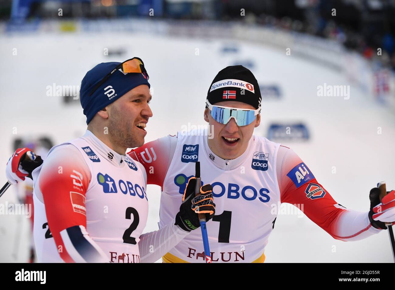 Norway's Paal Golberg winner (2) and Erik Valness (1) of Norway second place during men's sprint at the FIS Cross Country Skiing World Cup in Falun, Sweden, Feb. 08, 2020. Photo: Henrik Montgomery / TT Stock Photo