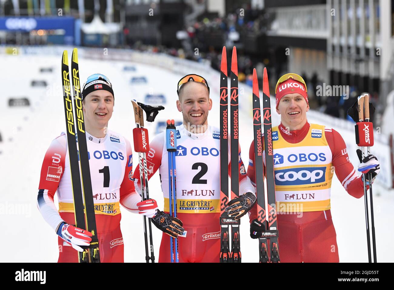 Norway's Paal Golberg winner (2) and Erik Valness (1) of Norway second place and Russias Alexander Bolshunov (R) third place during men's sprint at the FIS Cross Country Skiing World Cup in Falun, Sweden, Feb. 08, 2020. Photo: Henrik Montgomery / TT Stock Photo