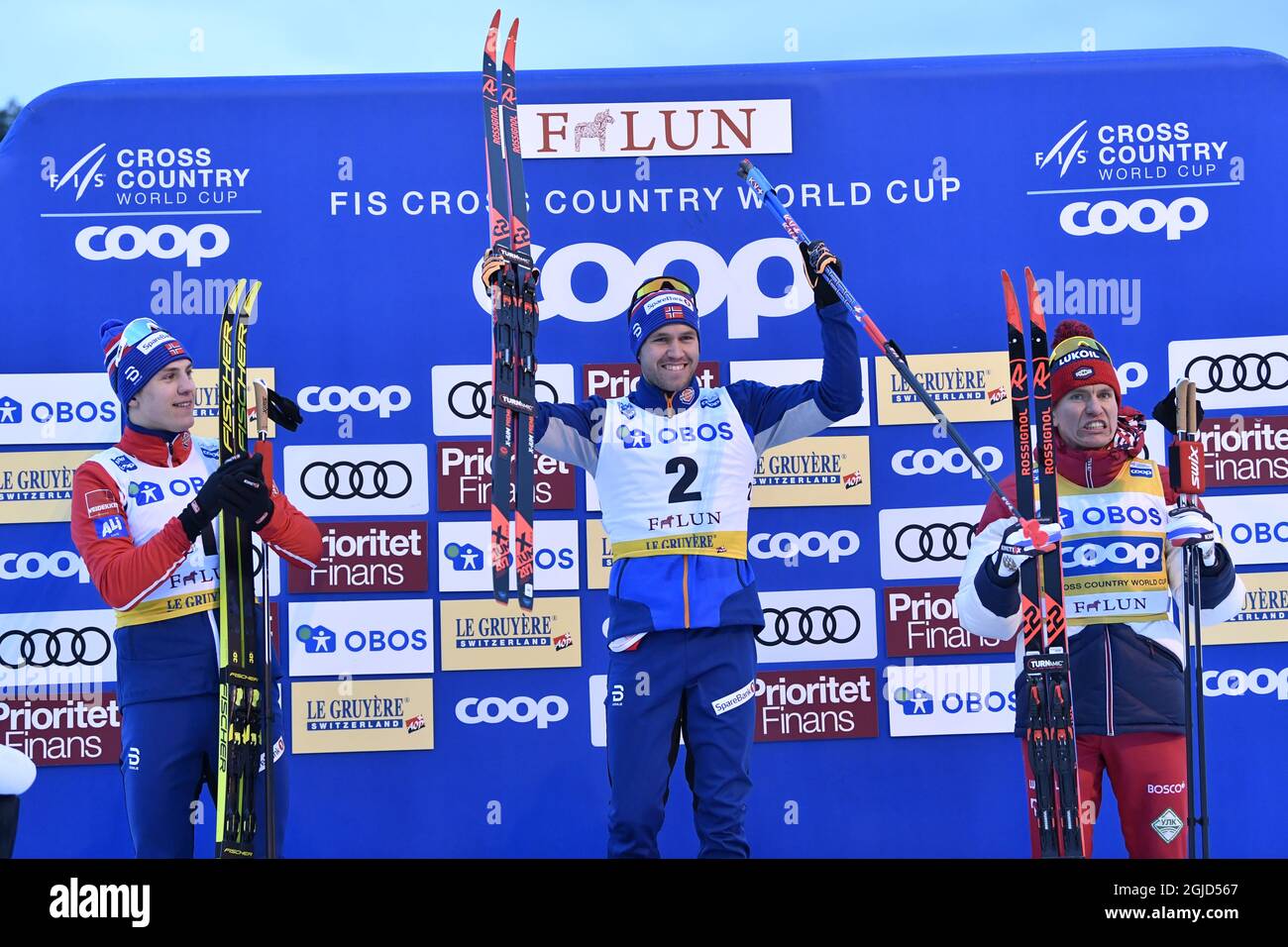 Norway's Paal Golberg winner (C) and Norway's Erik Valness (L) second place and Russias Alexander Bolshunov (R) third place during men's sprint at the FIS Cross Country Skiing World Cup in Falun, Sweden, Feb. 08, 2020. Photo: Henrik Montgomery / TT Stock Photo