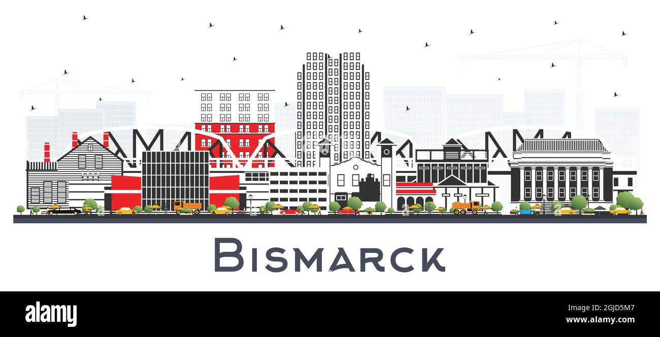 Bismarck North Dakota City Skyline with Color Buildings Isolated on White. Vector Illustration. Bismarck USA Cityscape with Landmarks. Stock Vector