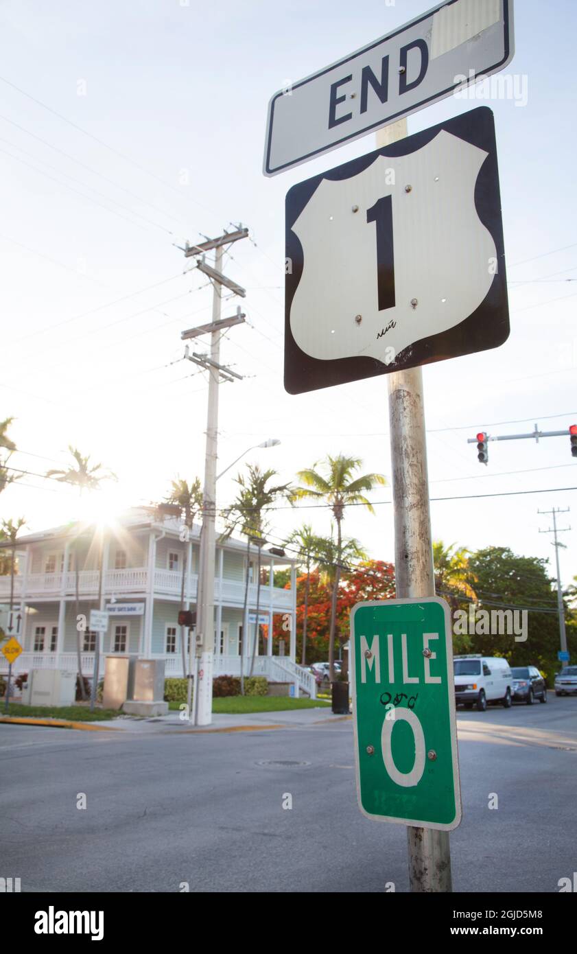 Mile marker zero sign in Key West, the Florida Keys on end of US1 Stock