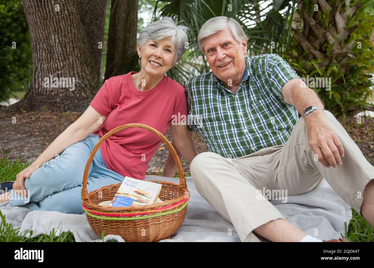Elderly couple having a picnic at the park together (MR). Stock Photo
