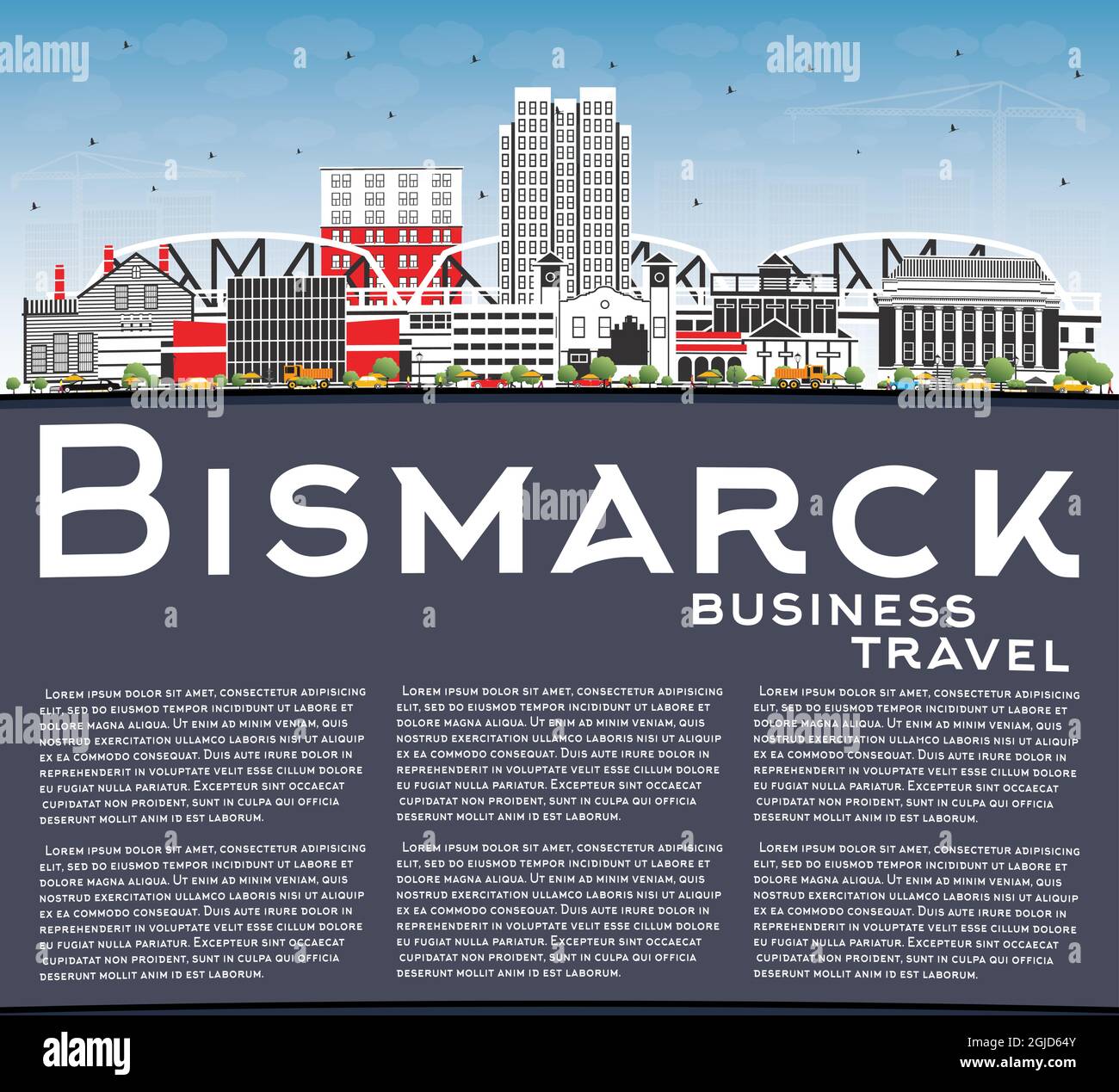 Bismarck North Dakota City Skyline with Color Buildings, Blue Sky and Copy Space. Vector Illustration. Bismarck USA Cityscape with Landmarks. Stock Vector