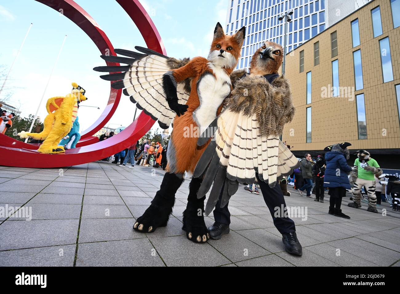 Animal dressed revellers take part in a fuzzcon parade on Feb. 21, 2020, in Malmo, Sweden, where NordicFuzzCon, the third largest European convention for furries and fans of cartoon animals, is taking place this week. About 1,000 participants from 43 different countries take part in the convention at hotel Clarion Hotel Malmo Live. Photo: Johan Nilsson / TT / code 50090  Stock Photo