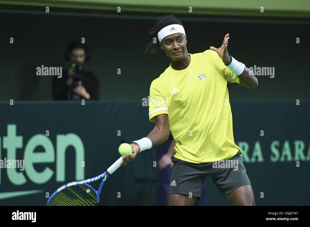 STOCKHOLM 20200306 Sweden's Mikael Ymer return to Chile's Marcelo Tomas Barrios Vera during qualifying game for the Davis Cup playoff between Sweden and Chile in the Royal Tennis Hall in Stockholm on March 6, 2020. Photo Erik Simander / TT kod 11720 Stock Photo
