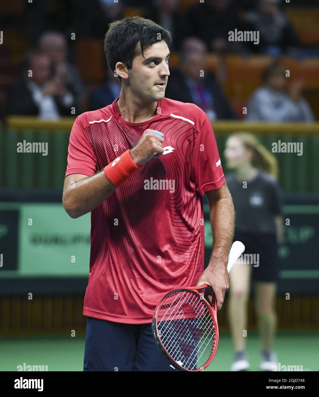 STOCKHOLM 20200306 Chile's Marcelo Tomas Barrios Vera gestures against Sweden's Mikael Ymer during qualifying game for Davis Cup playoff between Sweden and Chile in the Royal Tennis Hall in Stockholm on March 6, 2020. Photo Erik Simander / TT kod 11720 Stock Photo