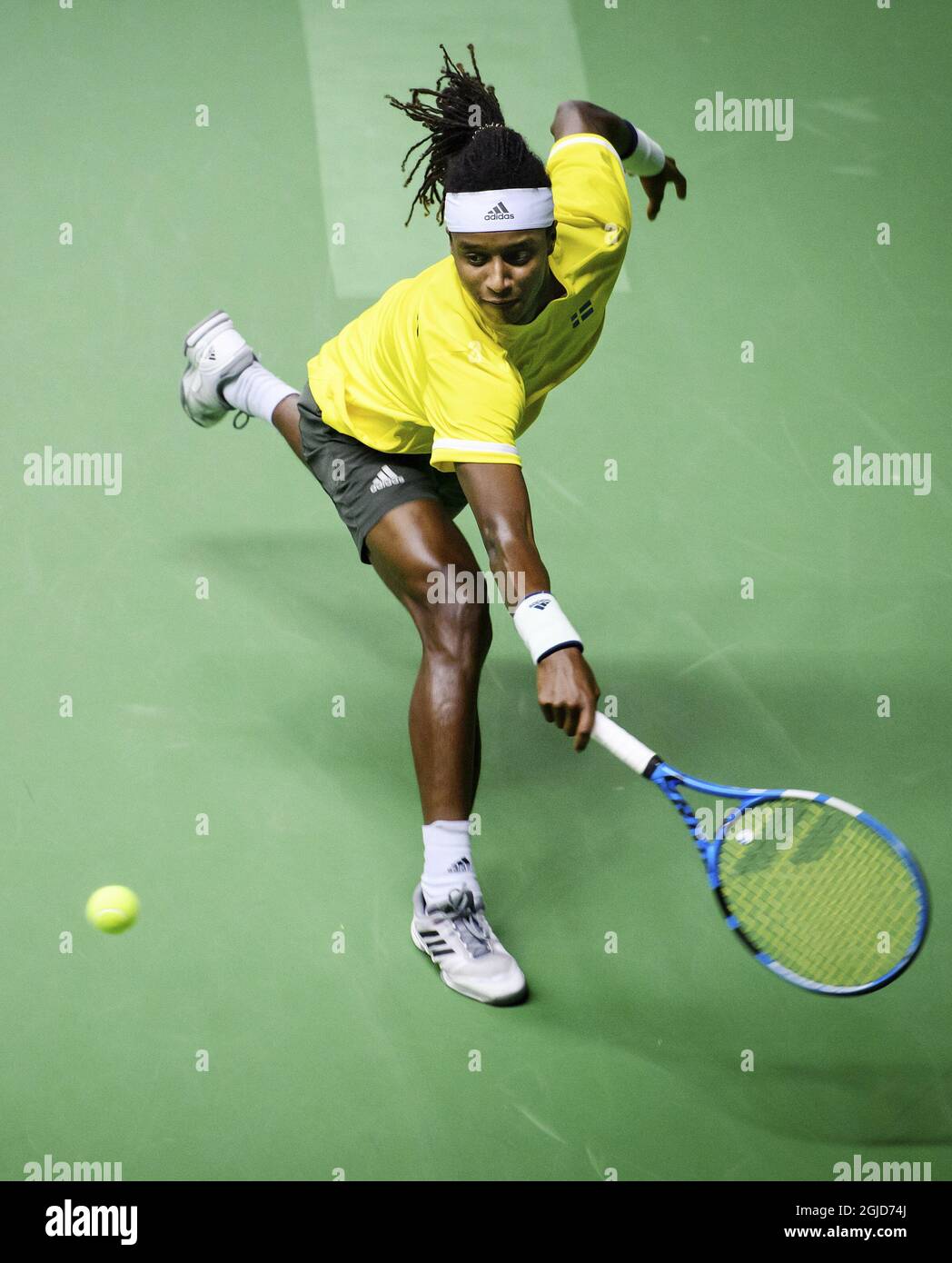 STOCKHOLM 20200306 Sweden's Mikael Ymer against Chile's Marcelo Tomas Barrios Vera during qualifying game for the Davis Cup playoff between Sweden and Chile in the Royal Tennis Hall in Stockholm on March 6, 2020. Photo Erik Simander / TT kod 11720 Stock Photo