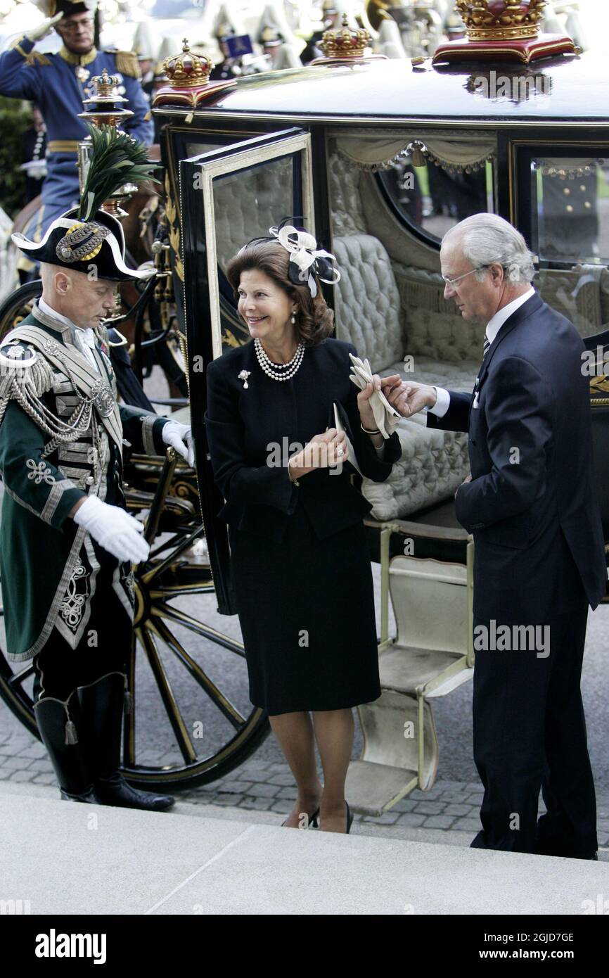 King Carl Gustaf and Queen Silvia of Sweden is welcomed by the President of the Parliament Per Westerberg at the annual opening of the House of the Parliament in Stockholm, Sweden. Stock Photo