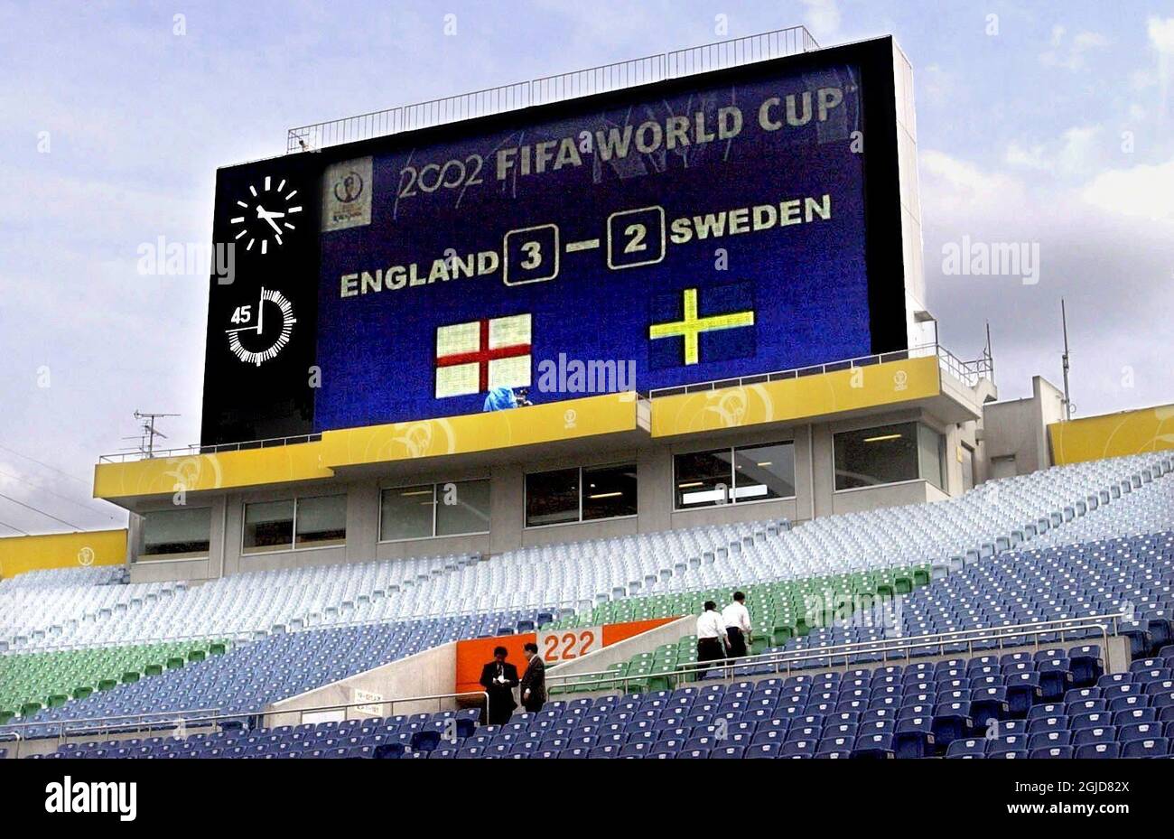 Testing of the scoreboard as preperations are underway for the forth coming match England-Sweden at Saitama Stadium Sunday June Stock Photo