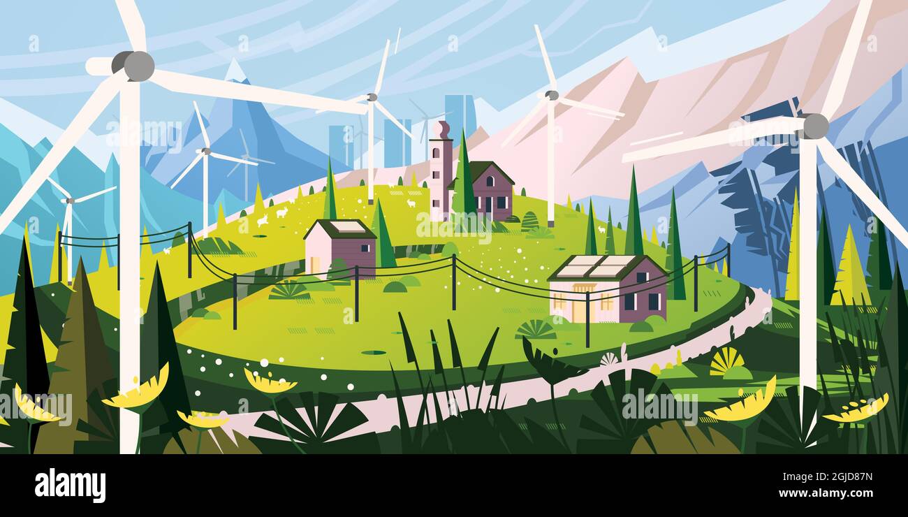 Landscape with Road in Alps. Renewable Green Energy Concept with Wind