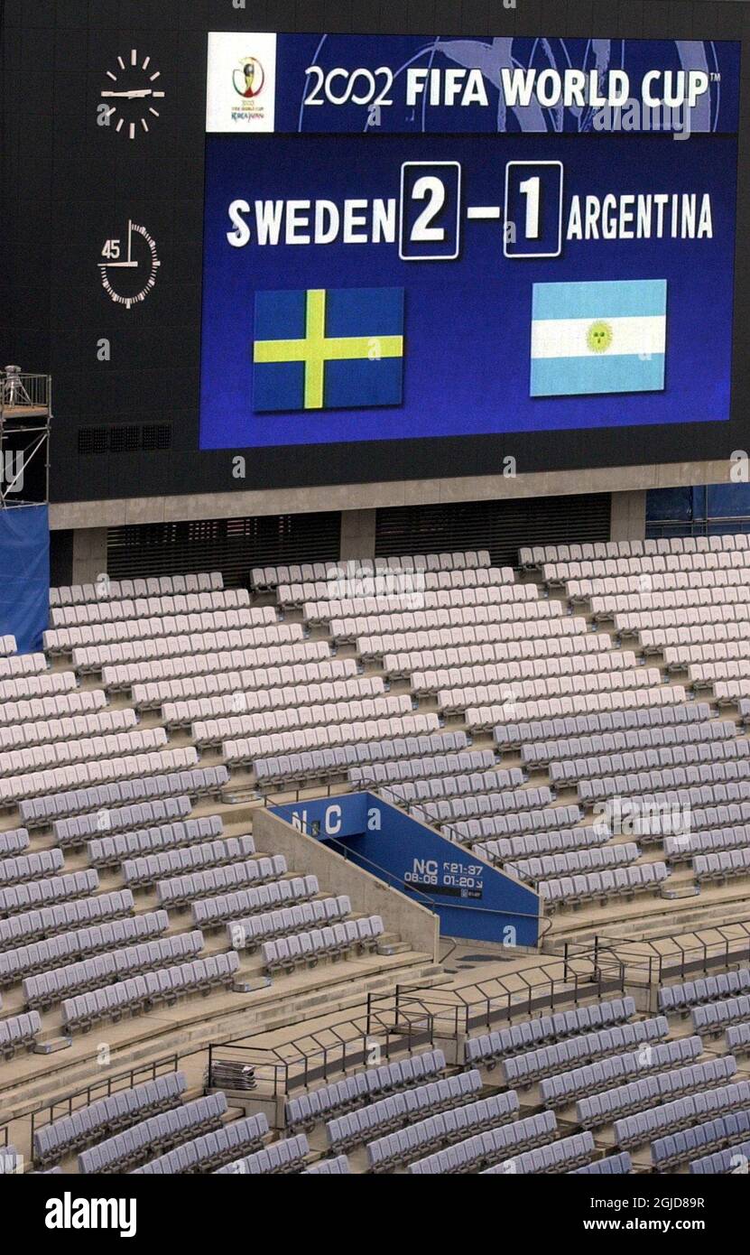 Testing of the scoreboard as preperations are underway for the forth coming Argentina-Sweden game at Miyagi Stadium Stock Photo