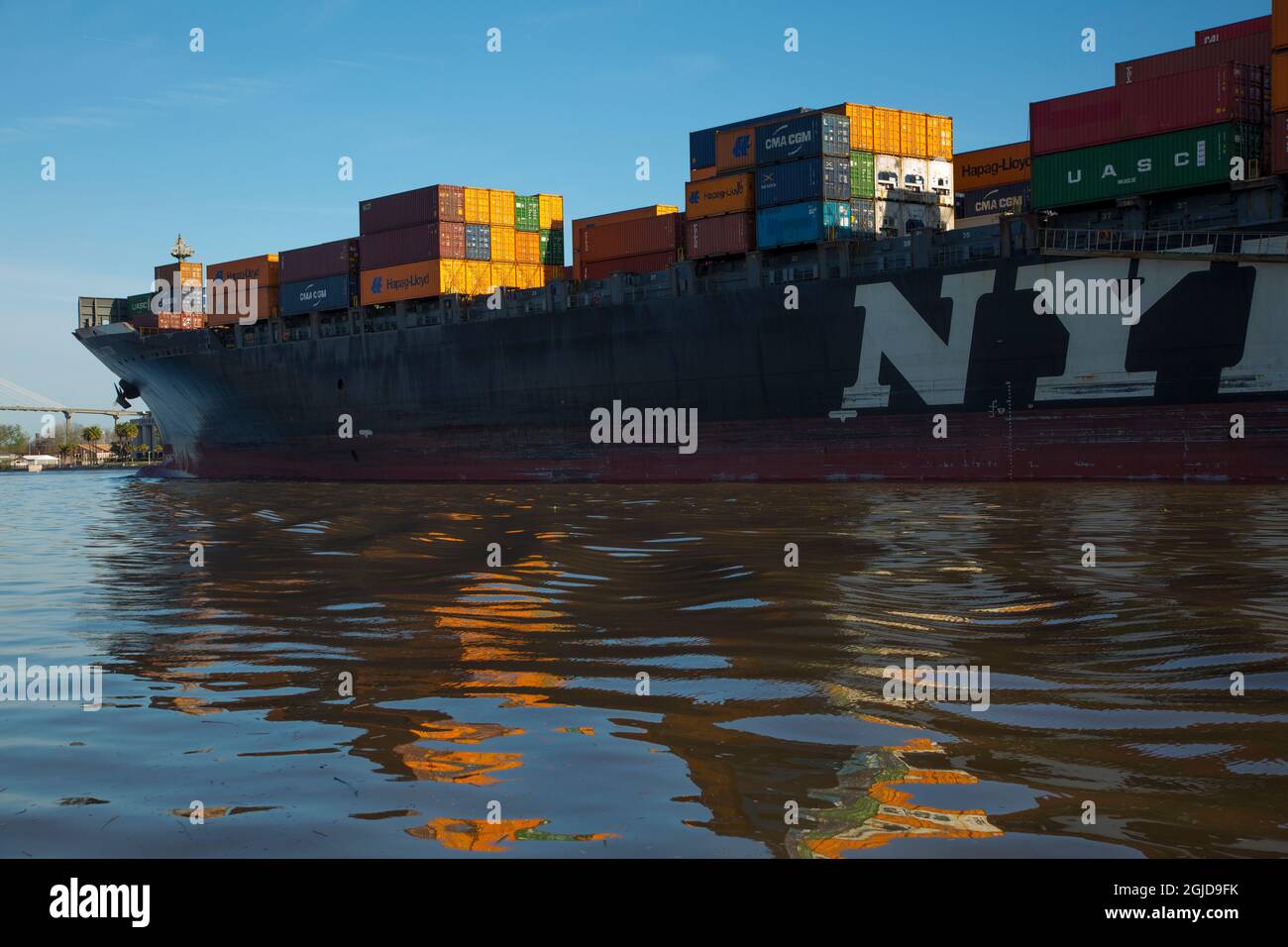 USA, Georgia, Savannah. Cargo ship headed into Savannah Port. Stock Photo