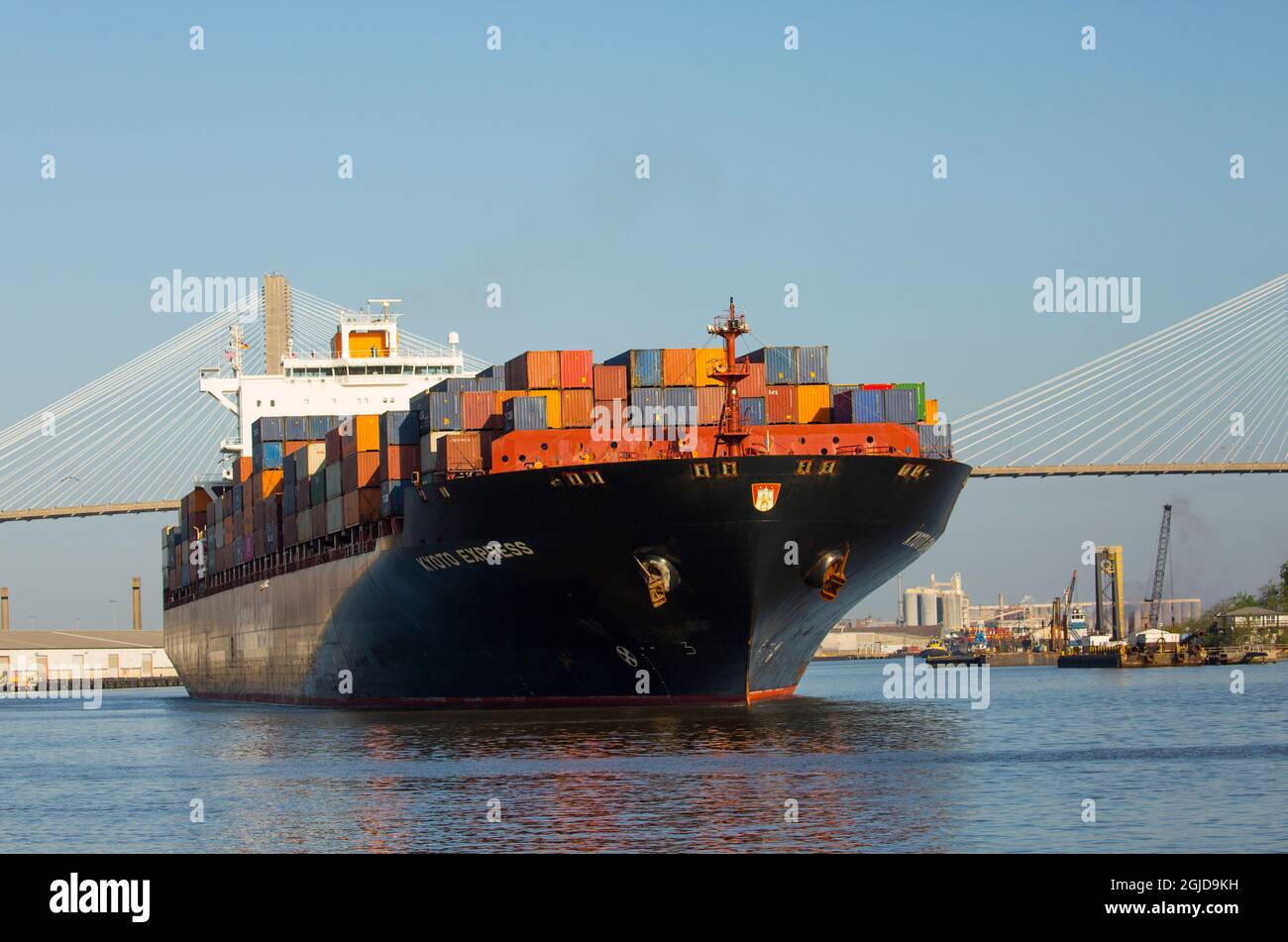 USA, Georgia, Savannah. Cargo ship leaving Savannah Port. Stock Photo