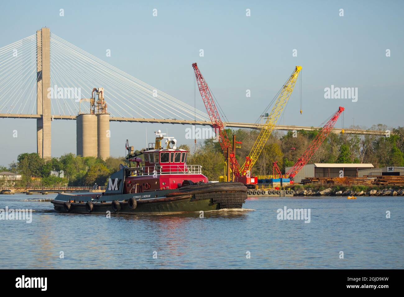 USA, Georgia, Savannah. Tugboat leaving Savannah Port. Stock Photo