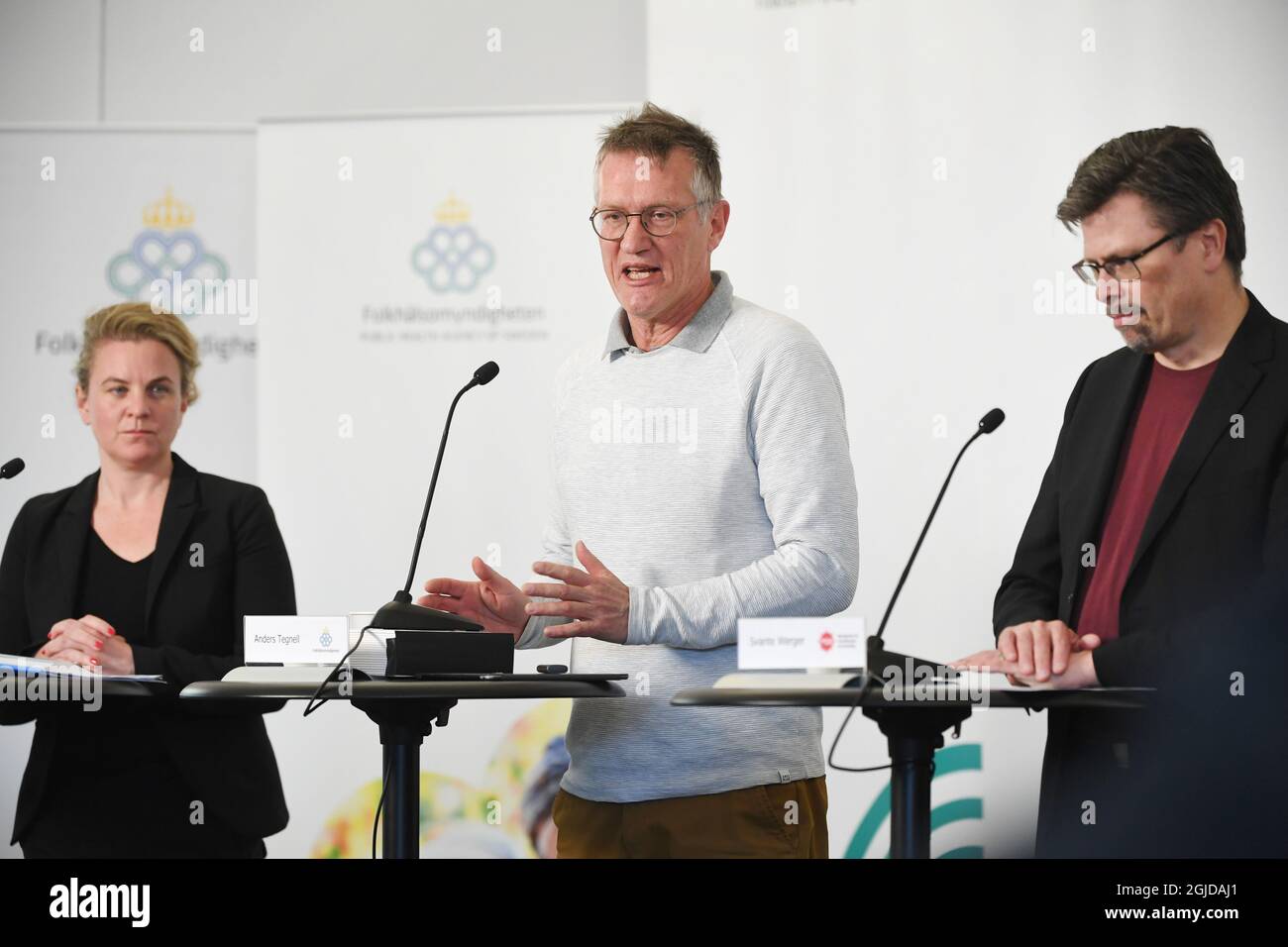 Johanna Sandwall, National Board of Health and Welfare, State epidemiologist Anders Tegnell of the Public Health Agency of Sweden, and Svante Werger, the Swedish Civil Contingencies Agency (MSB), during their daily news conference on the coronavirus, Covid-19 situation in Stockholm, Sweden, April 16, 2020. Photo Fredrik Sandberg / TT code10080  Stock Photo