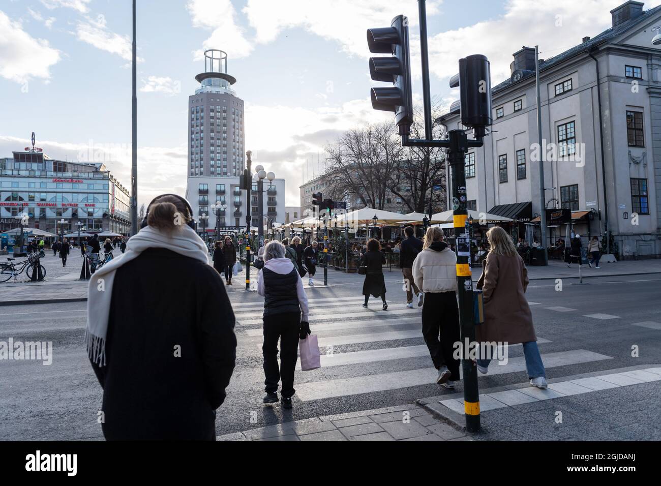 A pedestrian crossing at Gotgatan in Sodermalm, Stockholm, Sweden, April 17, 2020, during the coronavirus pandemic. Photo: Stina Stjernkvist / TT code 11610  Stock Photo