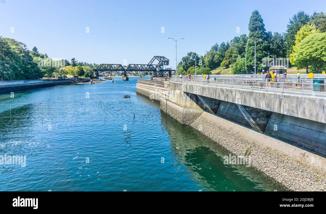 Salmon Bay Bridge at the Ballard Locks in Washington State Stock Photo