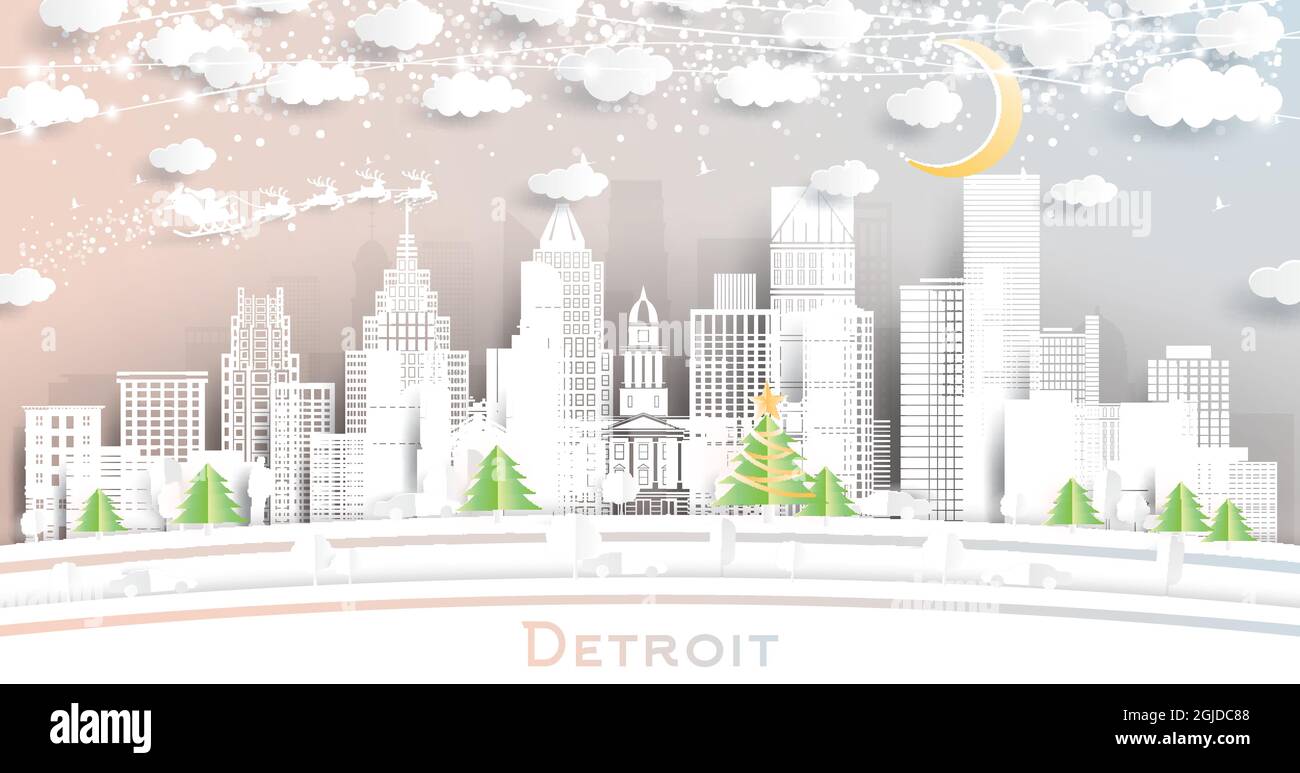 Detroit Michigan City Skyline in Paper Cut Style with Snowflakes, Moon and Neon Garland. Vector Illustration. Christmas and New Year Concept. Stock Vector