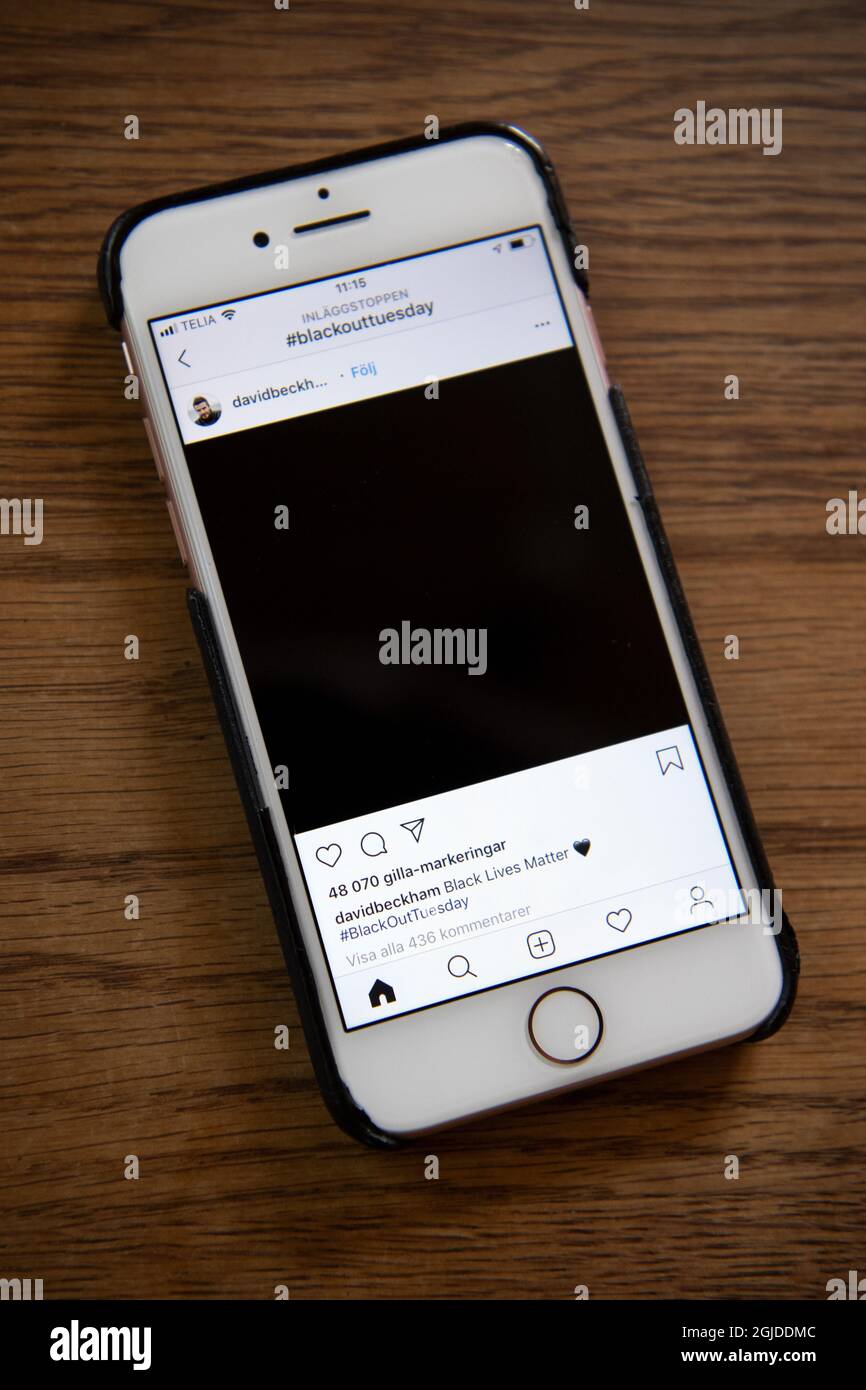 Instagram is filling up with black squares and #blackouttuesday to protest against racial inequality and police brutality following the death of George Floyd, June 2, 2020. Photo: Jessica Gow / TT code 10070  Stock Photo