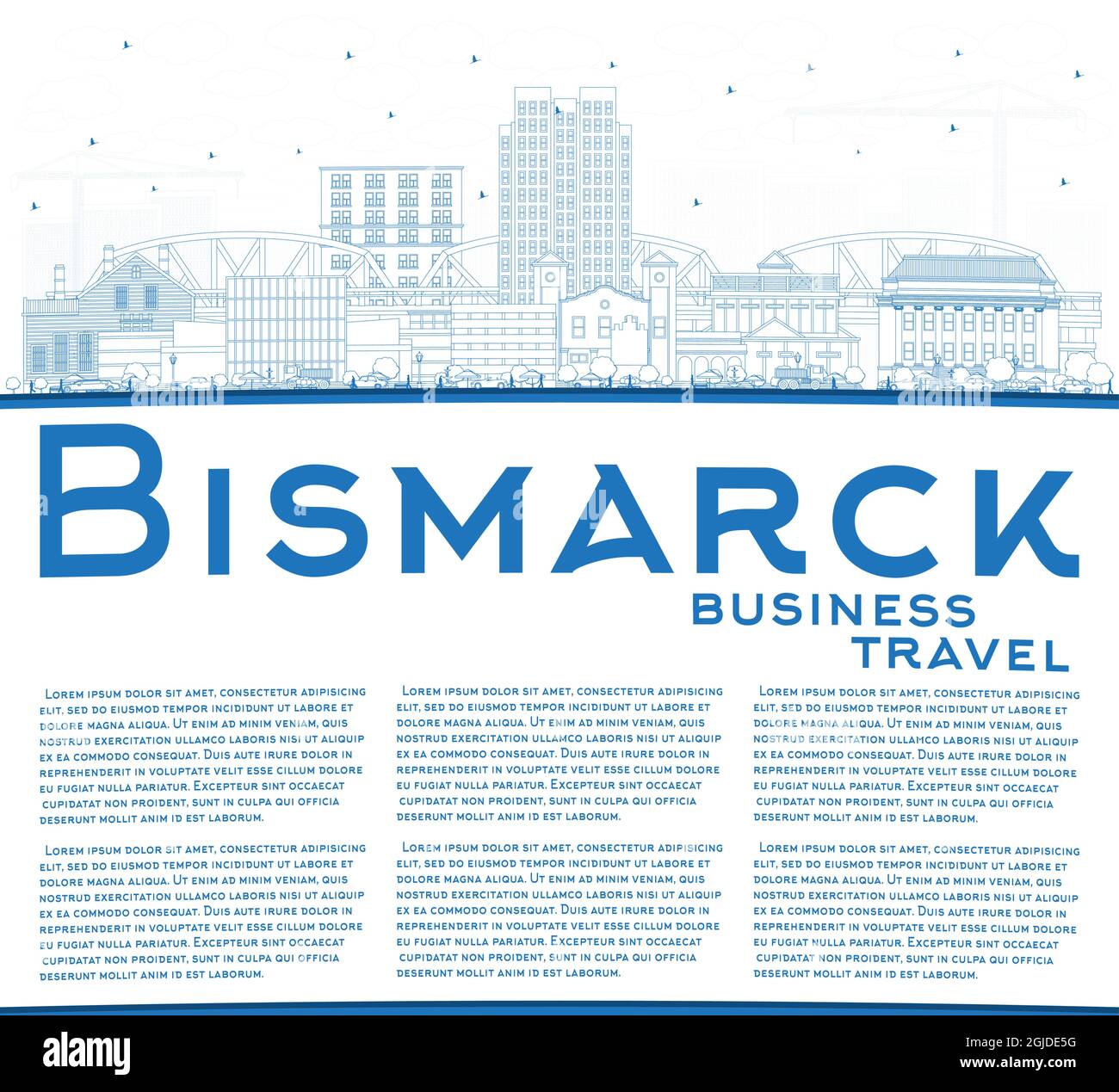 Outline Bismarck North Dakota City Skyline with Blue Buildings and Copy Space. Vector Illustration. Bismarck USA Cityscape with Landmarks. Stock Vector