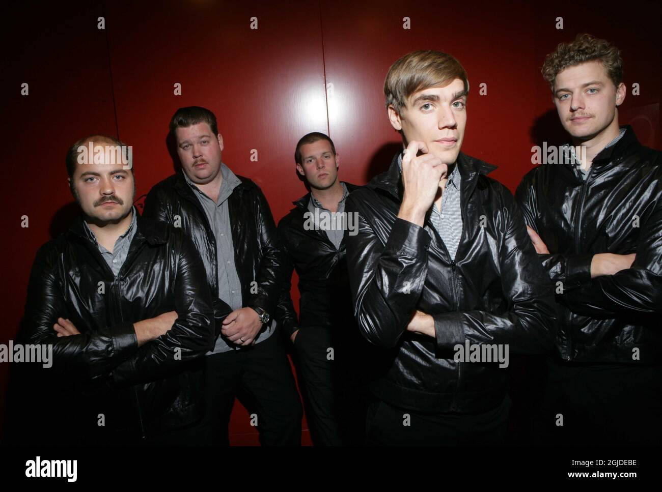 The Swedish rock band The Hives, from left, Matt Destruction, Vigilante Carlstroem, Chris Dangerous, Pelle Almqvist and Nicholaus Arson pose in Stockholm, Sweden, September 9, 2007. Stock Photo