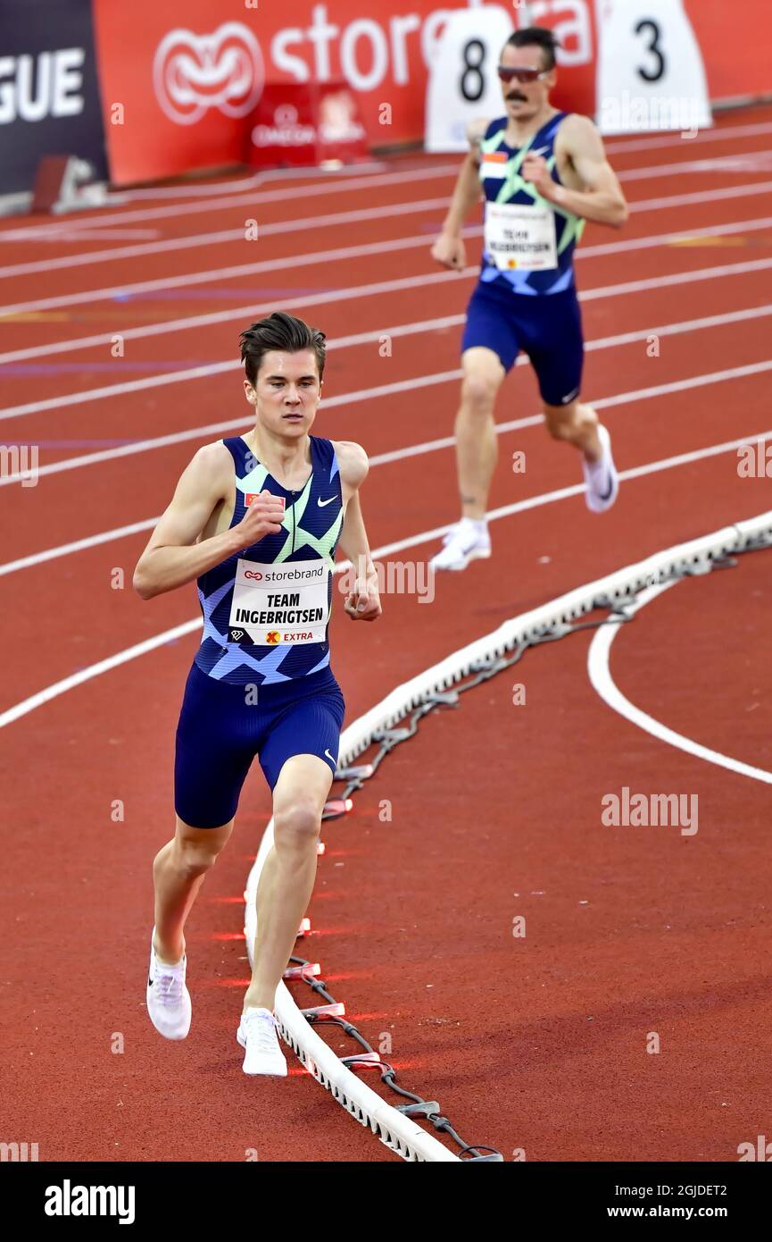 Jakob Ingebrigtsen (NOR) wins 2000m at the athletics event Impossible Games in Bislet Arena in Oslo, Norway, June 11, 2020. Photo: Jonas Ekstromer / TT / code 10030  Stock Photo