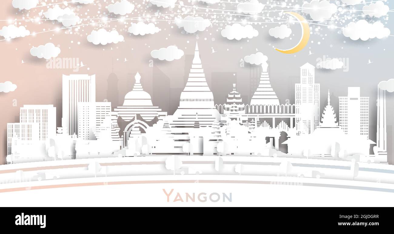 Yangon Myanmar City Skyline in Paper Cut Style with White Buildings, Moon and Neon Garland. Vector Illustration. Travel and Tourism Concept. Stock Vector