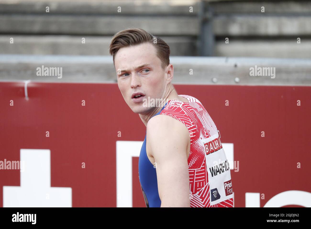 STOCKHOLM 20200823 Norway's Karsten Warholm winnner of 400 meter hurdles during Sunday Aug. 23, 2020 athletics competitions Stockholm Diamond League at the Stockholm Stadium. Photo: Christine Olsson / TT / Kod 10430  Stock Photo