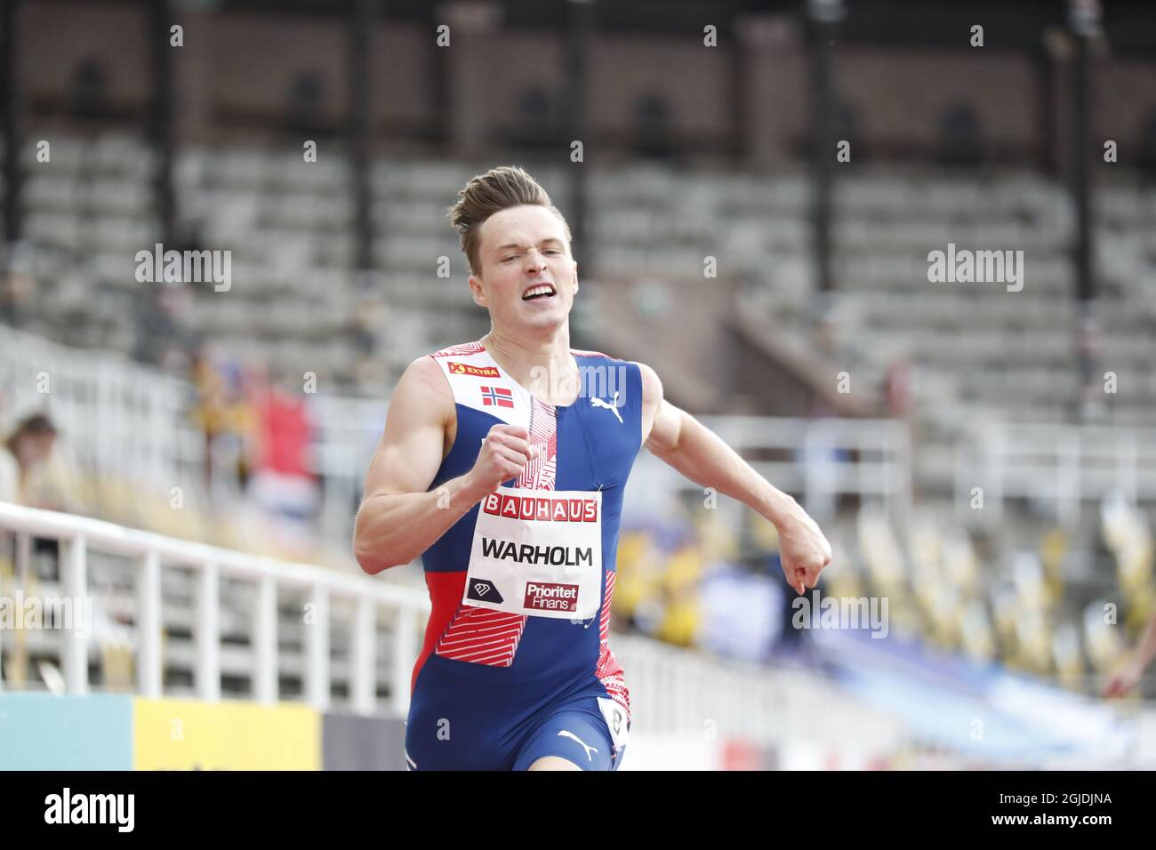 STOCKHOLM 20200823 Norway's Karsten Warholm winnner of 400 meter hurdles during Sunday Aug. 23, 2020 athletics competitions Stockholm Diamond League at the Stockholm Stadium. Photo: Christine Olsson / TT / Kod 10430  Stock Photo