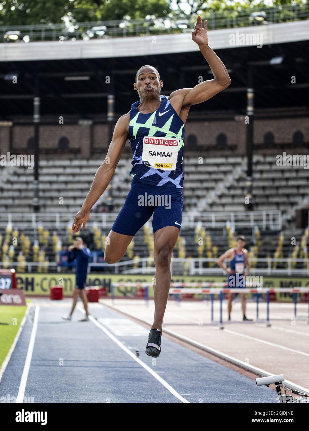 STOCKHOLM 20200823 Ruswahl Samaai of South Africa won the men's long jump during the Sunday Aug. 23, 2020 athletics competitions Stockholm Diamond League at the Stockholm Stadium. Photo: Christine Olsson / TT / Kod 10430  Stock Photo