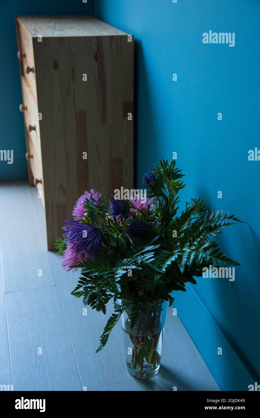 Cozy interior with bright wooden chest of drawers and   aster flowers bouquet on parquet. Stock Photo