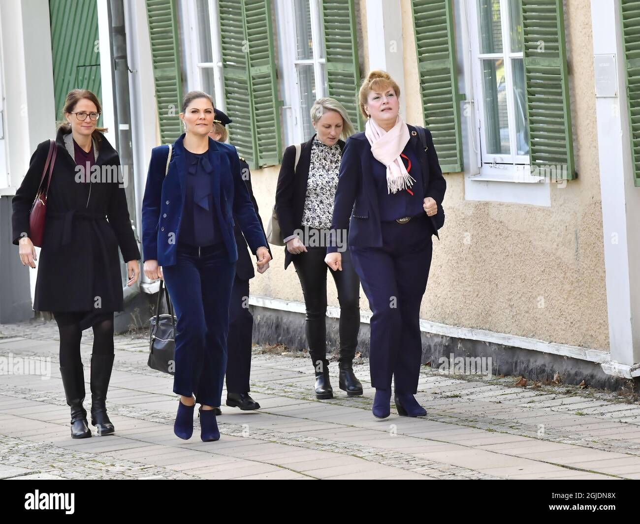 Crown Princess Victoria and Minoo Akhtarzand, Governor of Vastmanland  County, walking from Vasteras Castle to Vastmanlands Theatre in Vasteras,  Sweden, October 15, 2020. Crown Princess Victoria is spending the day in  Vastmanland