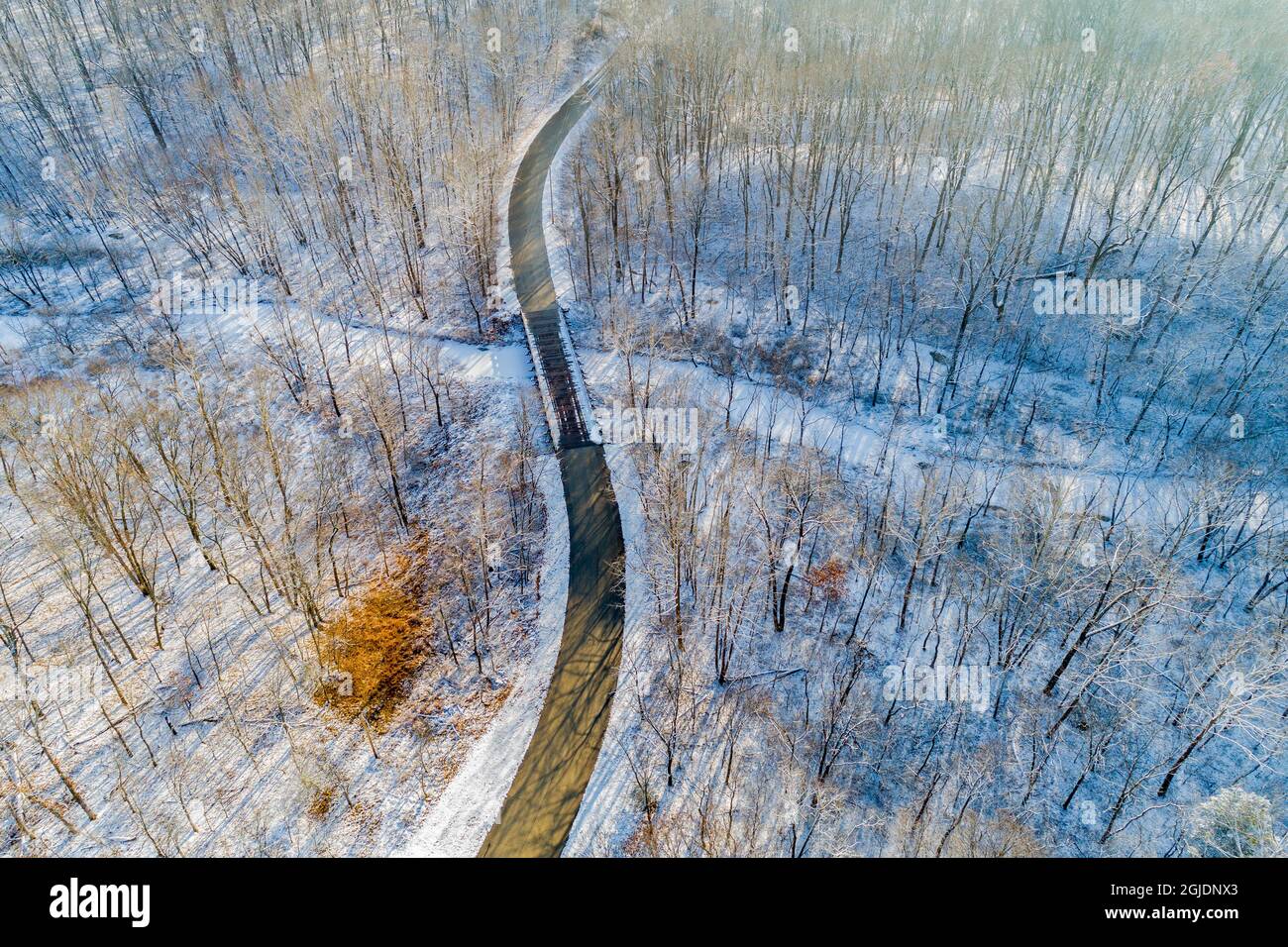 Aerial view of forest and road after snowfall in winter Stephen A. Forbes State Recreation Area, Marion County, Illinois. Stock Photo