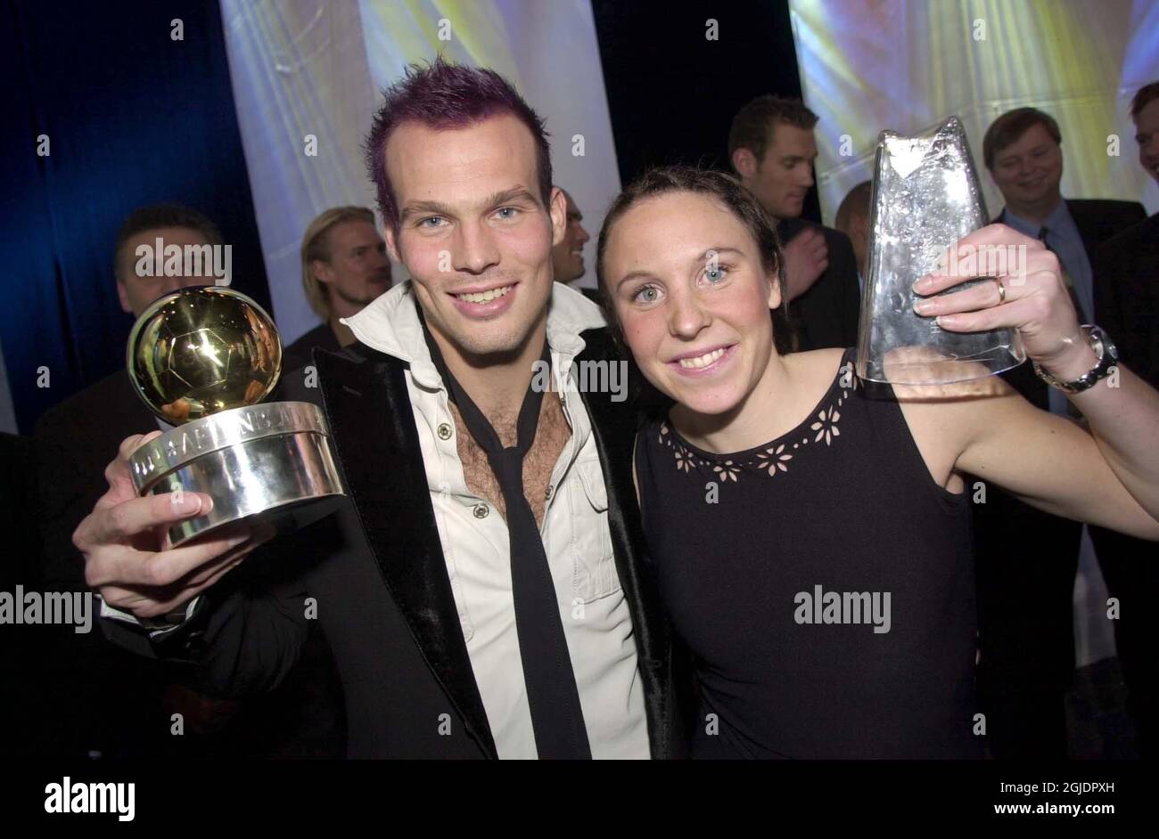 Arsenal's and Sweden's Fredrik Ljungberg (l) received two awards 'The Ball Of Gold' (pictured) and the award for 'Best Midfielder'. Hanna Ljungberg [No relation] (r) of Umea IF got the most prestigous award for women,'The Diamondball'.  Stock Photo