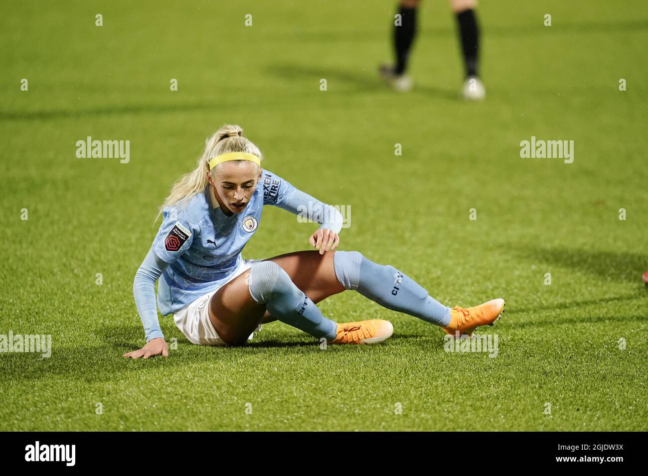 Manchester City's Stanway sits after falling during the women's