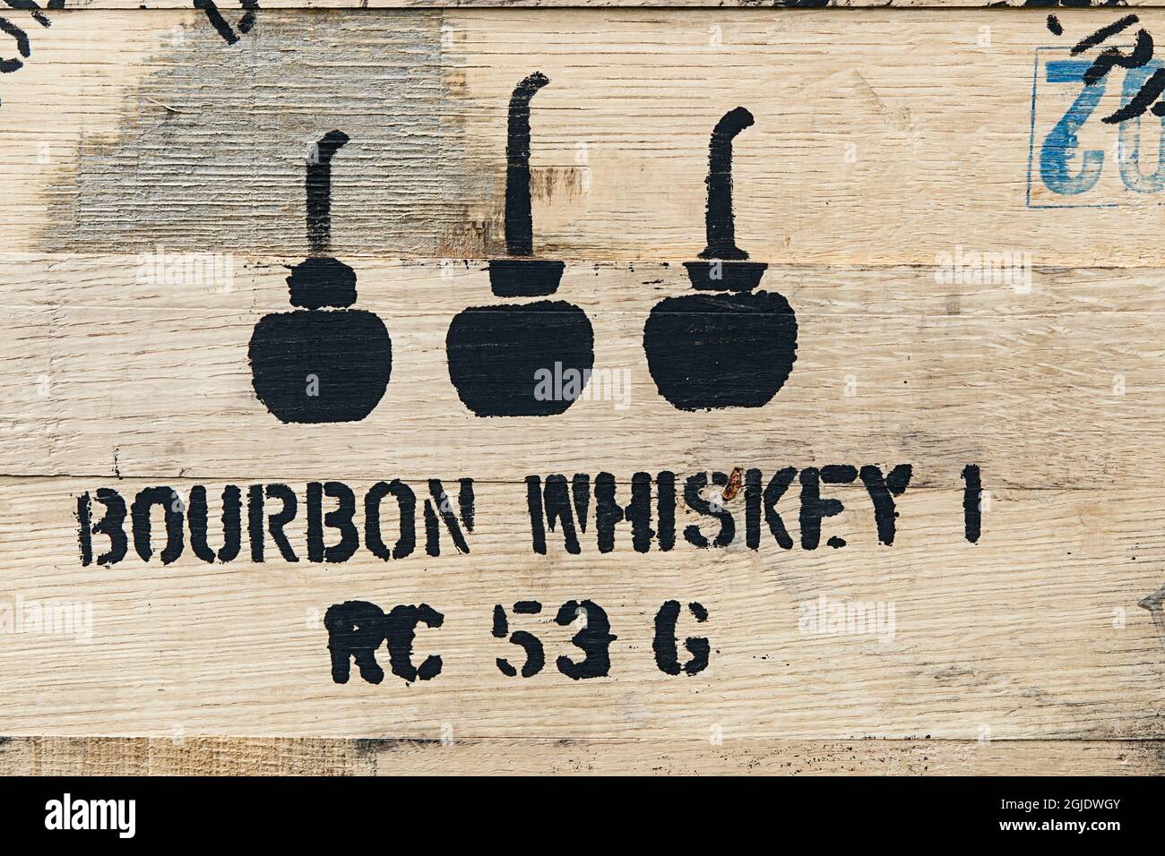 Logo of Woodford Reserve distillery stamped on end of bourbon barrel, Versailles, Kentucky. (Editorial Use Only) Stock Photo