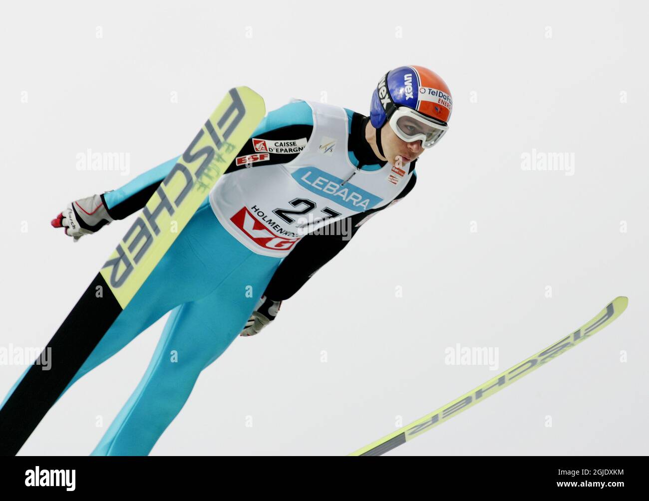 David Lazzaroni of France placed 7 at the World Cup ski jumping competition at Holmenkollen Oslo. Stock Photo