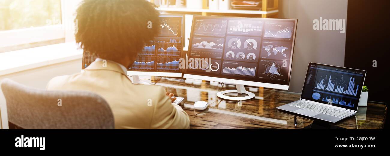 African American Business Data Analyst Man Using Computer Stock Photo