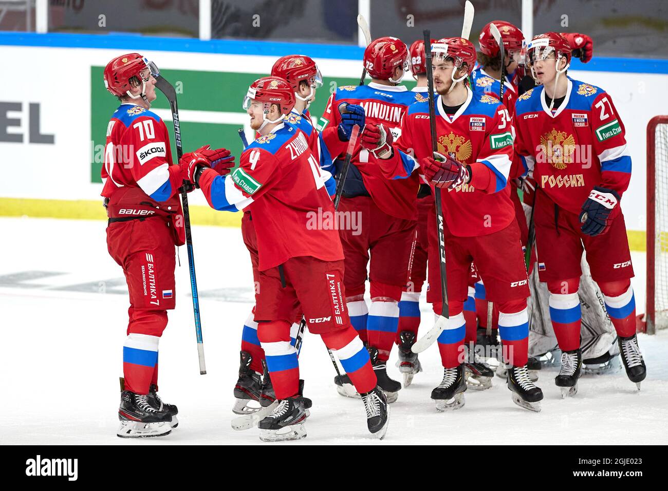 Russia players celebrate after winning the Beijer Hockey Games (Euro Hockey Tour) icehockey match between Russia and Finland in Malmo Arena on Feb. 11, 2021. Photo: Anders Bjuro / TT / code 11830  Stock Photo