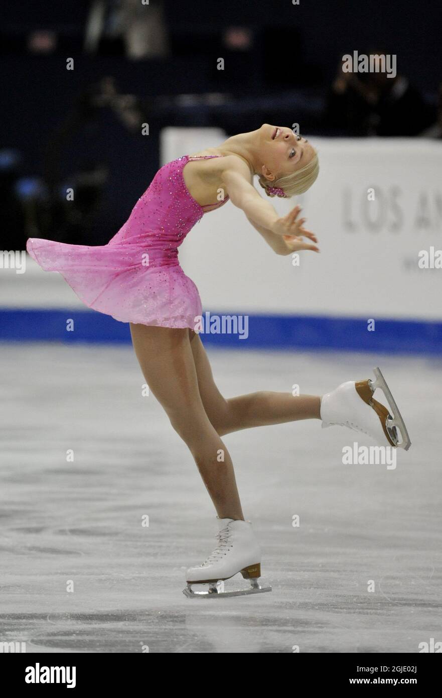Finland's Kiira Korpi performs her ladies free skating routine of the World Figure Skating Championships in Gothenburg, Sweden, Stock Photo