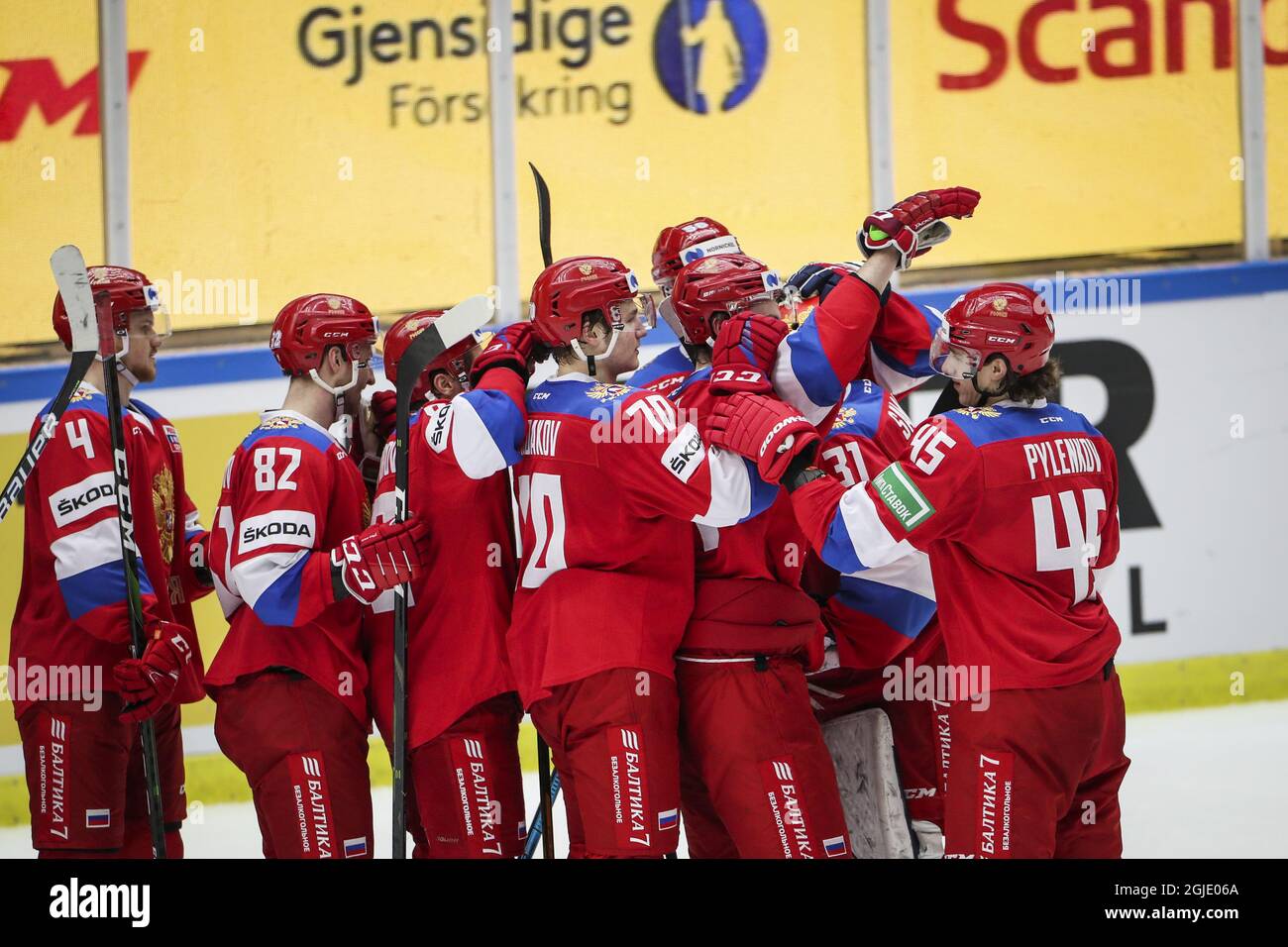 Russian players celebrate after winning the Beijer Hockey Games (Euro Hockey Tour) icehockey match between Sweden and Russia in Malmo Arena on Feb. 13, 2021. Photo: Anders Bjuro / TT / code 11830  Stock Photo