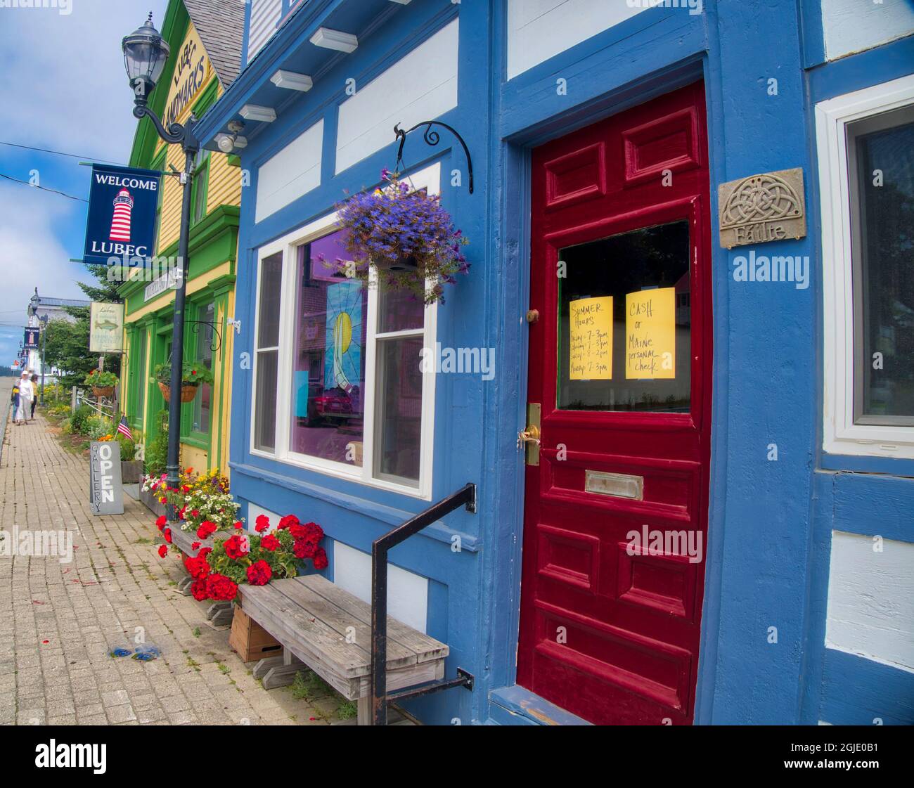 USA, Maine, Lubec. Colorful shops in the historic town of Lubec Stock