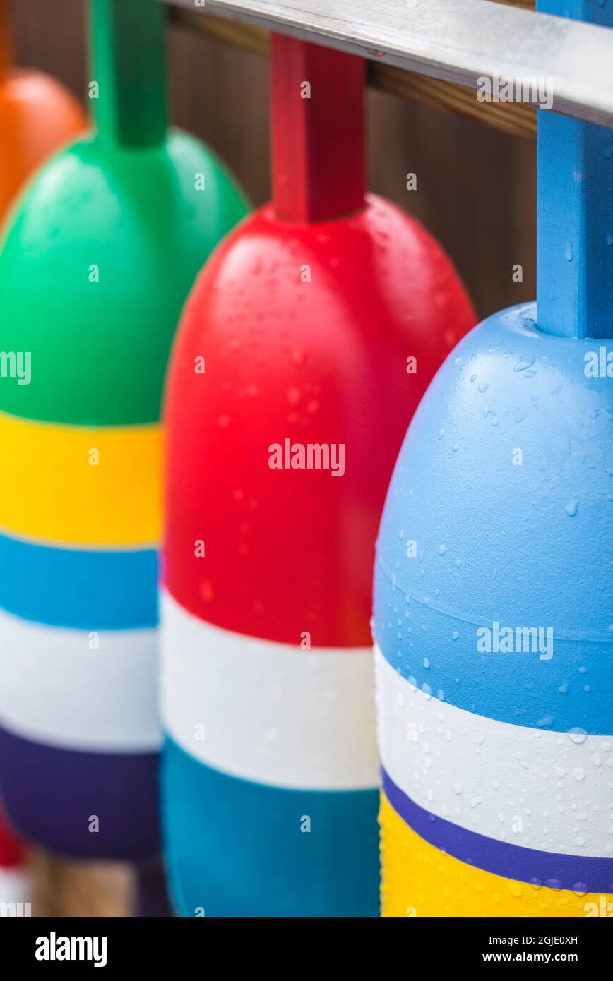 USA, Maine Cape Neddick. New lobster buoys for sale Stock Photo Alamy
