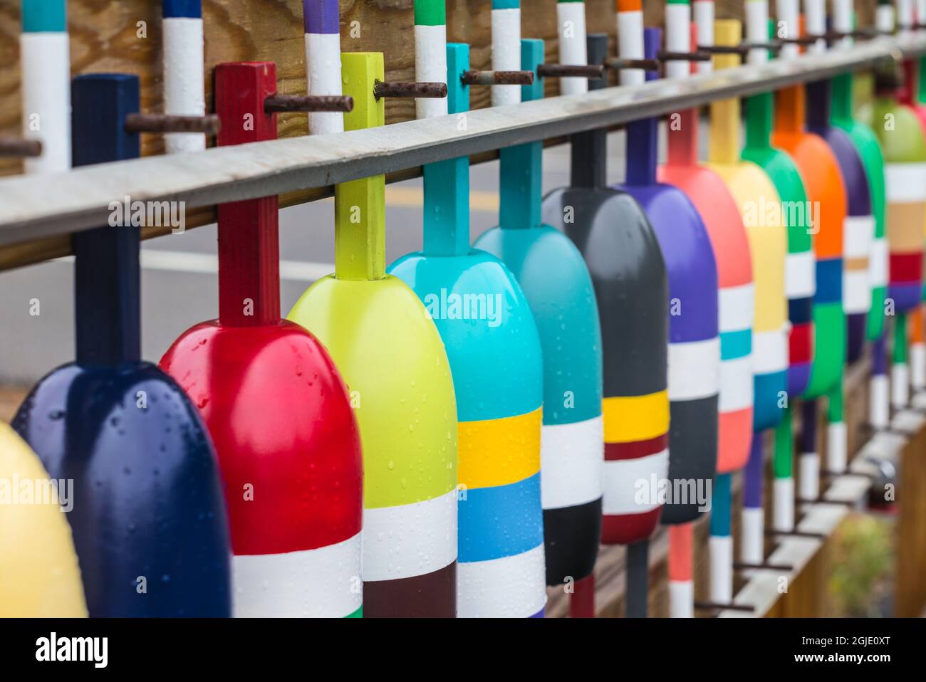 USA, Maine Cape Neddick. New lobster buoys for sale Stock Photo Alamy