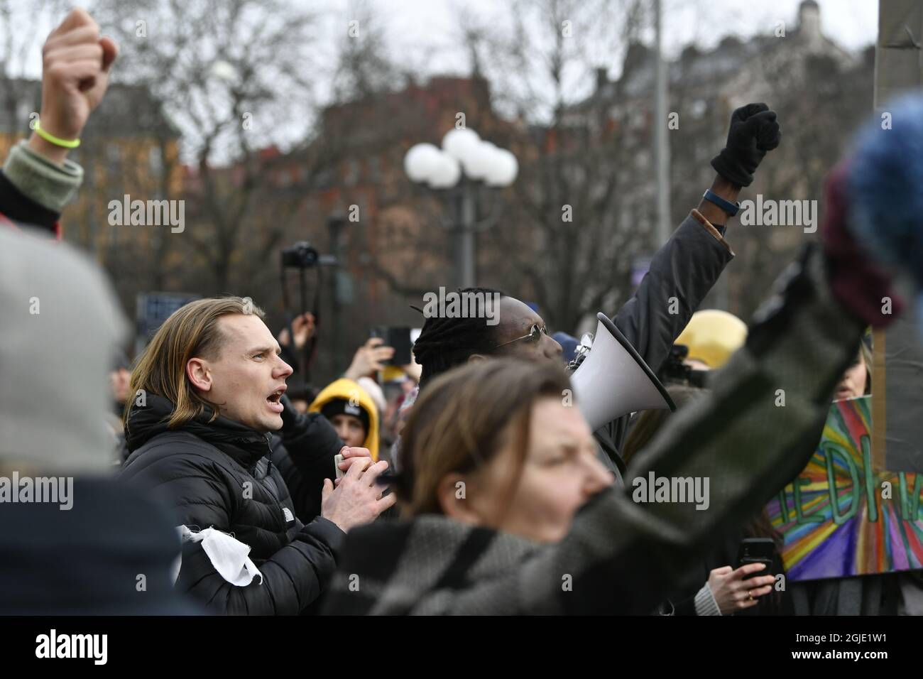 Hundreds of people gathered in central Stockholm, Sweden, on March 06, 2021, to protest against the coronavirus restrictions. The demonstration was dispersed by police as it was held without permission and the number of participants exceeded the limits for public gatherings under Sweden’s pandemic laws. Photo Henrik Montgomery / TT code 10060  Stock Photo